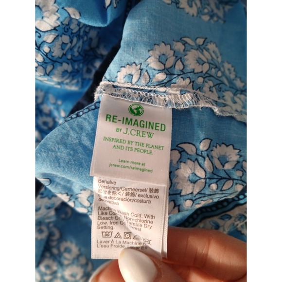 J.Crew Blue Block Floral Print Artist Boho Top Popover Shirt Sz Large - Picture 8 of 10